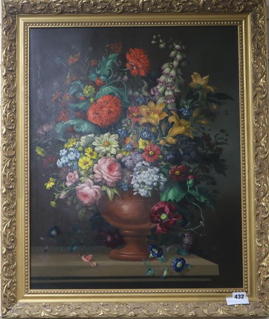 English School Still life of flowers in a vase upon a ledge 62 x 49cm